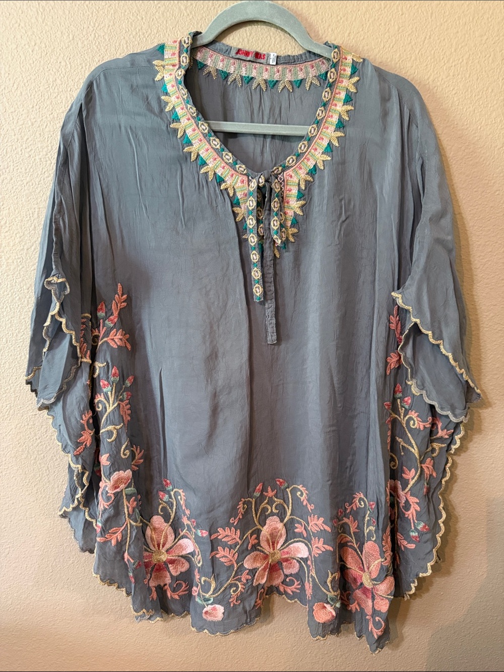 Johnny Was Embroidered Floral Boho Top in Slate Blue